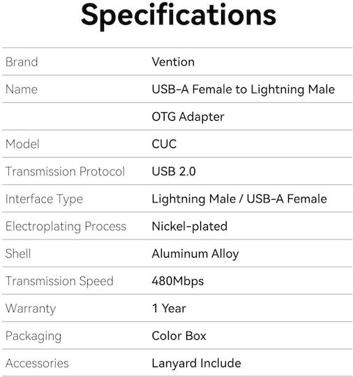 Vention Μετατροπέας USB-A female σε Lightning male 1τμχ CUCH0
