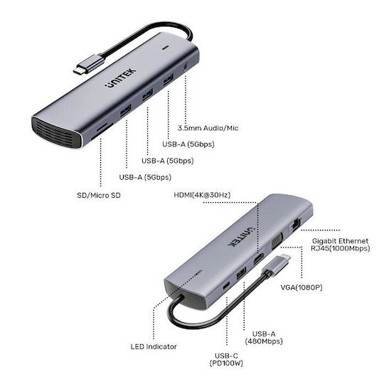 Unitek USB-C Docking Station με HDMI 4K PD και σύνδεση 2 Οθονών