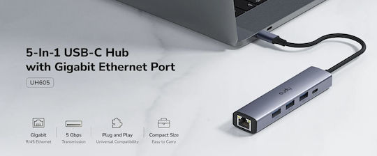 Cudy Hub 5 Θυρών USB 3.0 με σύνδεση USB-C Γκρι