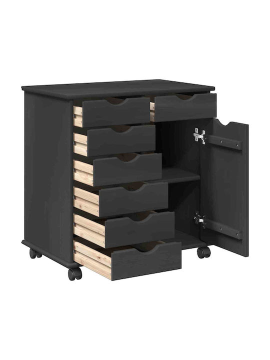 Office Cabinet Made of Solid Wood with Wheels & Drawers Natural 63.5x39x65.5cm