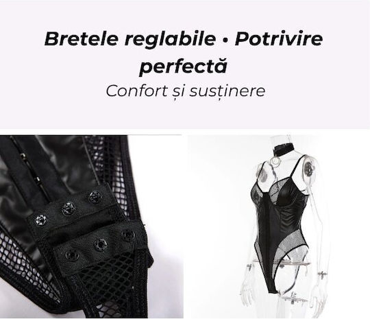Set De Lenjerie Sexy 2 Bucăți Din Piele Eco Plasă Sutien Push-Up Colier Inel Metalic + Ambalaj Cadou Negru