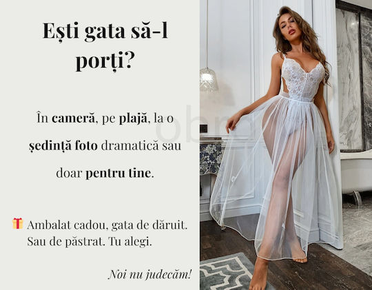 Set De Lenjerie Sexy 2 Bucăți Alb Cu Dantelă Body Erotic Și Fustă Transparentă Din Voal Ambalaj Cadou