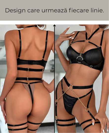 Set De Lenjerie Sexy 6 Bucăți – Body Harness Cupe Captusite Și Lanțuri Aurii Negre