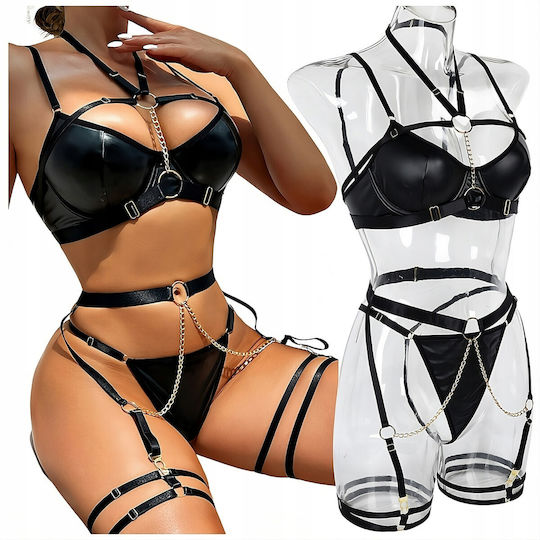 Set De Lenjerie Sexy 6 Bucăți – Body Harness Cupe Captusite Și Lanțuri Aurii Negre