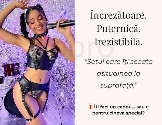 Set De Lenjerie Sexy 4 Bucăți Sutien Plasă Tanga Jartieră Și Colier Negru Piele Eco Ambalaj Cadou