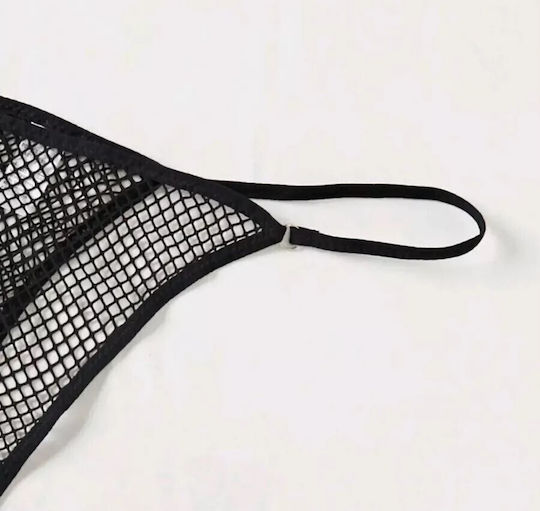 Set De Lenjerie Sexy 4 Bucăți Sutien Plasă Tanga Jartieră Și Colier Negru Piele Eco Ambalaj Cadou