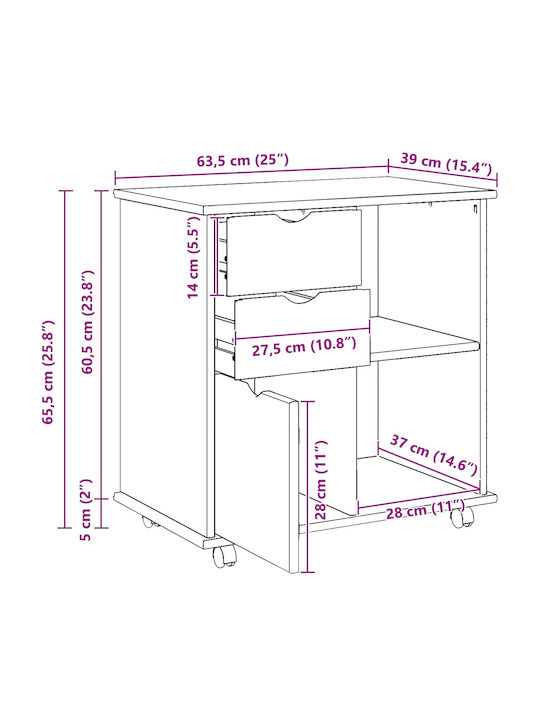 Office Cabinet Made of Solid Wood with Wheels & Drawers Brown 63.5x39x65.5cm