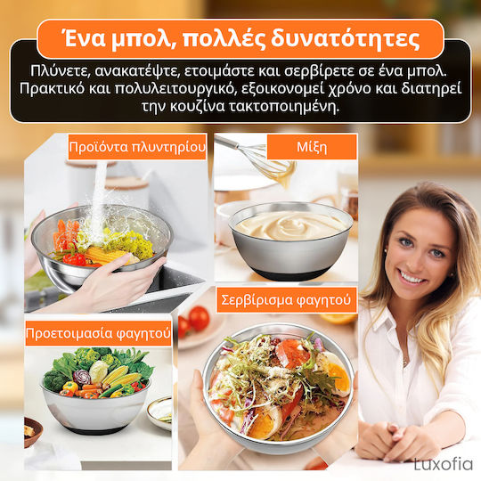 Set 6 Stainless Steel Mixing Bowls Lids Non-Slip Silicone Base Smart Storage Airtight Closure 3 Graters