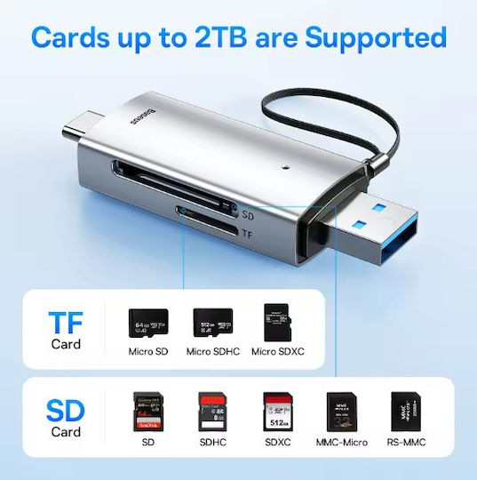 Baseus Cititor Carduri Compatibil Micro SD SD TF USB 3.0 USB Type-C Capacitate Citire Până la 128 GB Gri