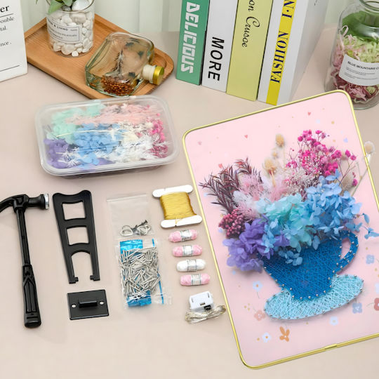 Set Creativ De Broderie Artă Cu Sfoară Zola Lumini Led Placă Din Lemn Perforată Suport Sfori Colorate Model Floare Cupă 21 X 30 Cm