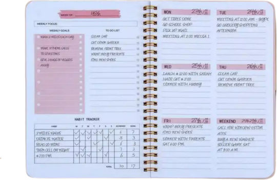 Spiral Planner Agenda Weekly Organization Habit Tracker To-do List Pink A5