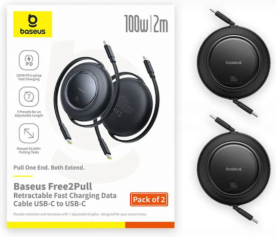 Baseus Retractable USB 2.0 Cable USB-C Male - USB-C 100W Black 2m P10364500113-08 2 Pieces