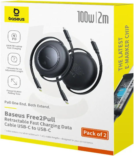 Baseus Retractable USB 2.0 Cable USB-C Male - USB-C 100W Black 2m P10364500113-08 2 Pieces