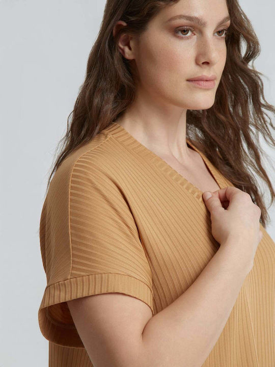 Bluza Damă Mâneci Scurte cu Decolteu în V Bej