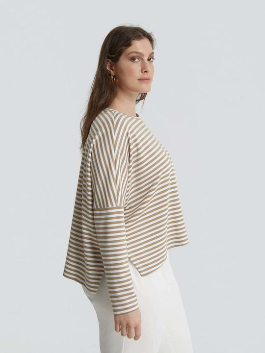 Women's Long Sleeve Striped Beige Blouse