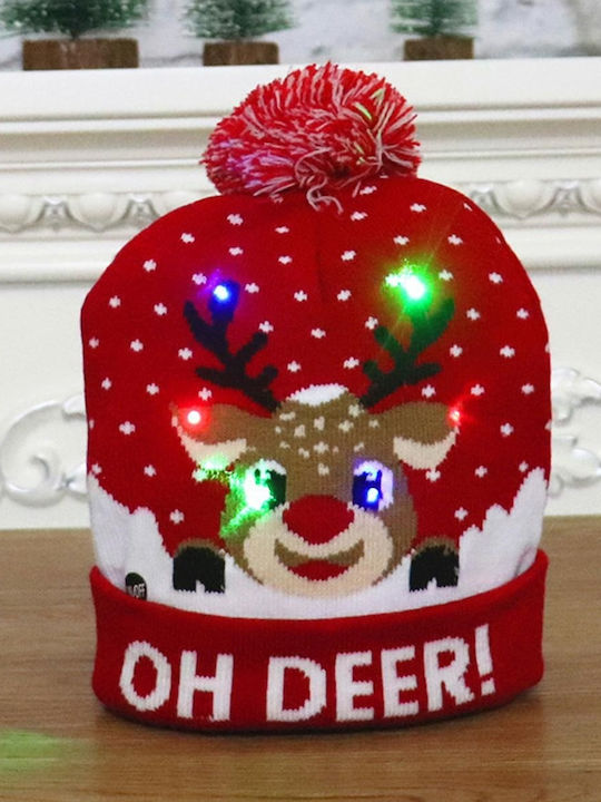 Christmas Hat Led Lighting Reindeer Pattern Red Pom-pom Knitted Warm One Size 21x20 Cm