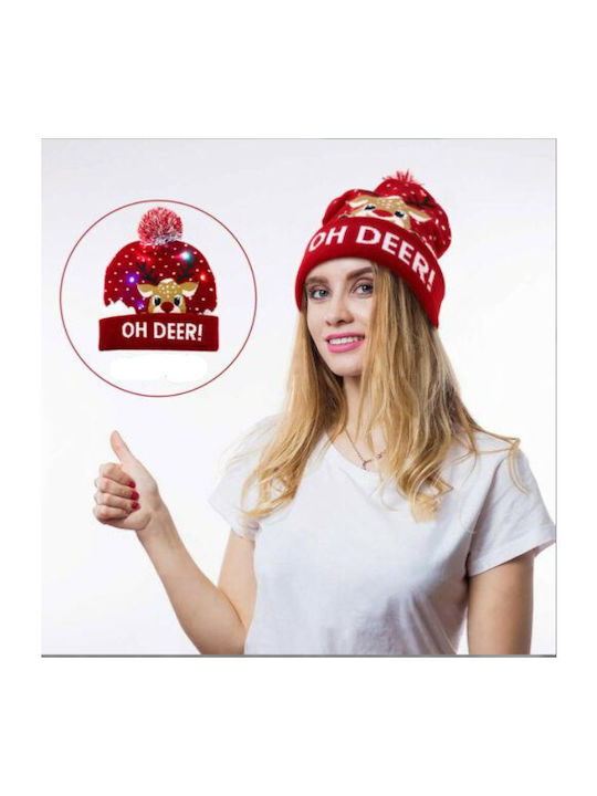 Christmas Hat Led Lighting Reindeer Pattern Red Pom-pom Knitted Warm One Size 21x20 Cm