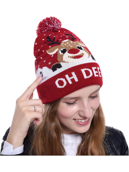 Christmas Hat Led Lighting Reindeer Pattern Red Pom-pom Knitted Warm One Size 21x20 Cm