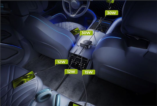Mobile Origin Car Charger 75W 3A Fast Charging with Ports: 1xUSB 2xType-C with Cable Type-C Black Color