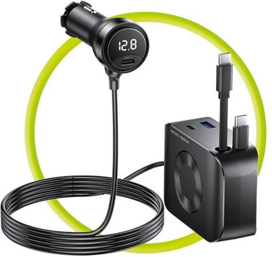 Mobile Origin Car Charger 75W 3A Fast Charging with Ports: 1xUSB 2xType-C with Cable Type-C Black Color