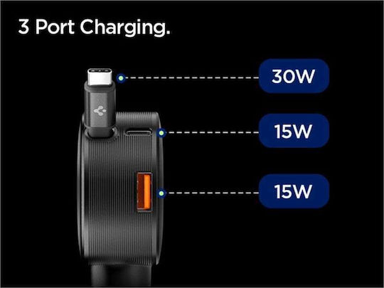 Spigen Essential Ev603bt Auto-Ladegerät 60W Schnellladung mit Anschlüssen: 1xUSB 2xType-C mit Kabel Typ-C,TC-TC Schwarz Farbe