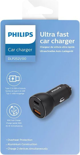 Philips Car Charger 36W 1.5A Fast Charging with Ports 1xUSB 1xType-C Black Colour