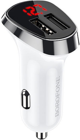 Borofone BZ15 LCD Car Charger 2.4A with Ports: 2xUSB with Cable Lightning and Voltmeter White Color