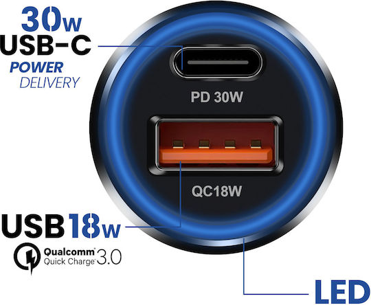 Blue Star Car Charger 30W 3A Fast Charging With One Port 1xUSB With Type-C Cable Blue Colour