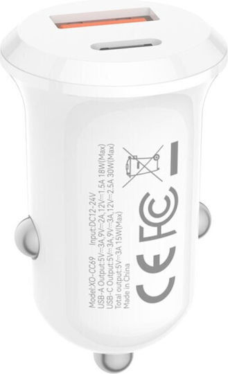 XO CC69 Mini Smart Car Charger 30W 2.75A Fast Charging with Ports: 1xUSB 1xType-C White Color