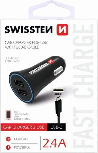 Swissten Încărcător Auto 12W 2.4A cu Porturi: 2xUSB împreună cu Cablu Type-C Negru Culoare