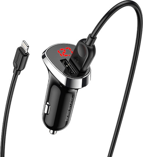 Borofone BZ15 LCD Auto-Ladegerät 2.4A mit Anschlüssen: 2xUSB mit Kabel Blitzschlag und Voltmeter Schwarz Farbe