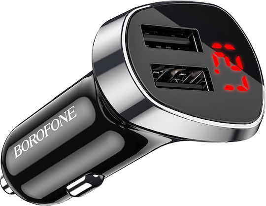 Borofone BZ15 LCD Auto-Ladegerät 2.4A mit Anschlüssen: 2xUSB mit Kabel Blitzschlag und Voltmeter Schwarz Farbe