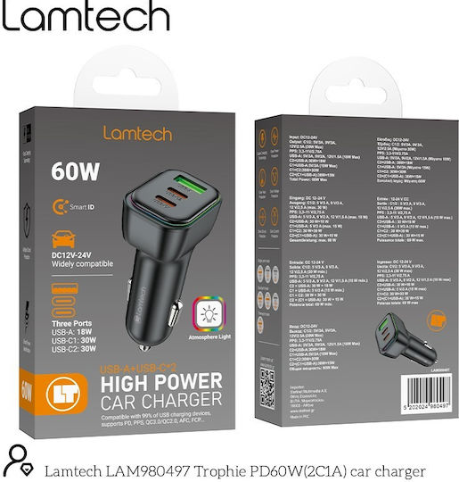 Lamtech Car Charger 60W 2.75A Fast Charging with Ports: 1xUSB 2xType-C with Cable Embedded Black Color