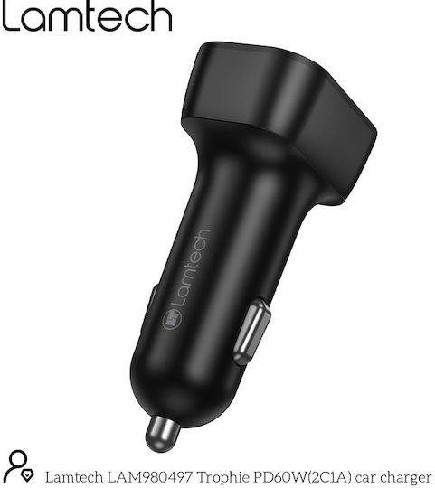 Lamtech Car Charger 60W 2.75A Fast Charging with Ports: 1xUSB 2xType-C with Cable Embedded Black Color