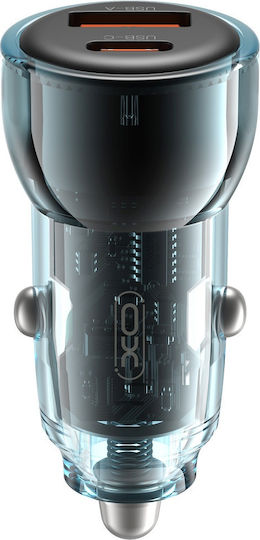 XO CC60 Car Charger 60W 3A with Ports: 1xUSB 1xType-C with Cable Type-C Blue Color