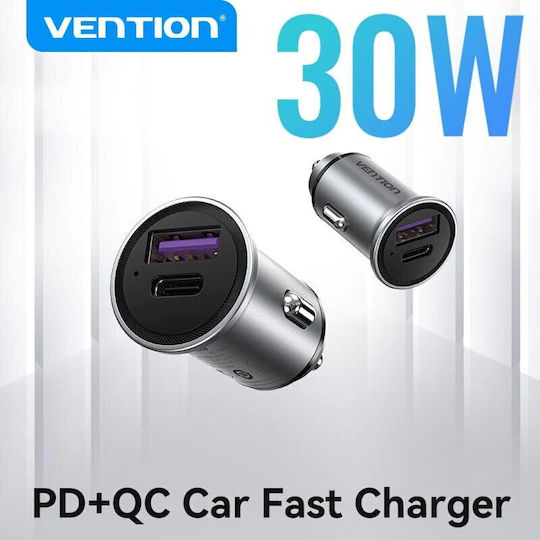 Vention Φορτιστής Αυτοκινήτου 30W με Θύρες: 1xUSB 1xType-C Γκρι