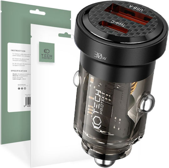 Tech-Protect Φορτιστής Αυτοκινήτου 30W με Θύρες: 1xUSB 1xType-C Μαύρος