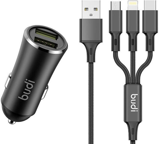 Budi Автомобилно Зарядно Устройство 12W 2.4A с 2xUSB-A Портове с Кабел Lightning / Micro-USB / Type-C Черен Цвят