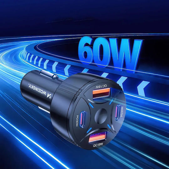 Wozinsky Φορτιστής Αυτοκινήτου 60W 2.5A με Θύρες: 2xUSB 2xType-C Μαύρο Χρώμα