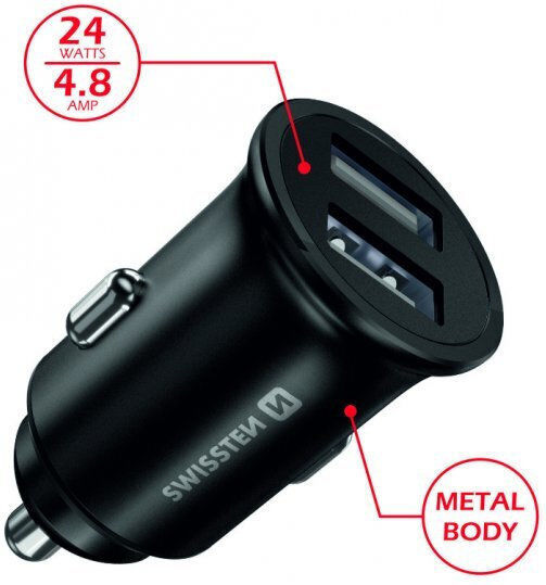 Swissten Φορτιστής Αυτοκινήτου 4.8A με Θύρες: 2xUSB Μαύρο Χρώμα