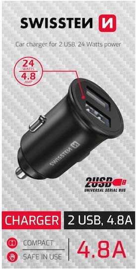 Swissten Φορτιστής Αυτοκινήτου 4.8A με Θύρες: 2xUSB Μαύρο Χρώμα
