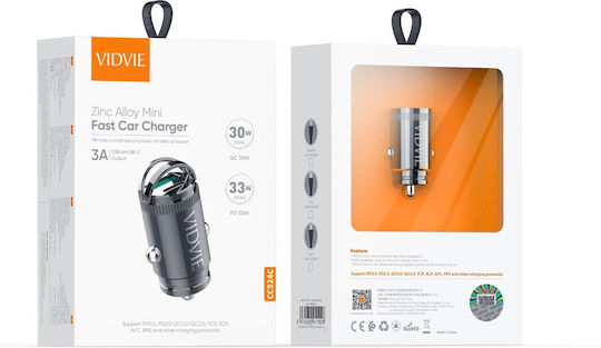 Vidvie Автомобилно Зарядно Устройство 33W 2.5A с Портове 1xUSB-A 1xType-C с Кабел Lightning Черен Цвят