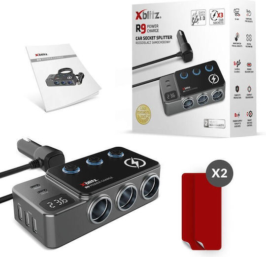 Xblitz Φορτιστής Αυτοκινήτου 35W με Θύρες: 3xUSB-A 2xType-C 3xΑναπτήρα Μαύρο Χρώμα