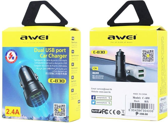 Awei C-830 Încărcător Auto 2.4A cu Porturi: 2xUSB Negru Culoare