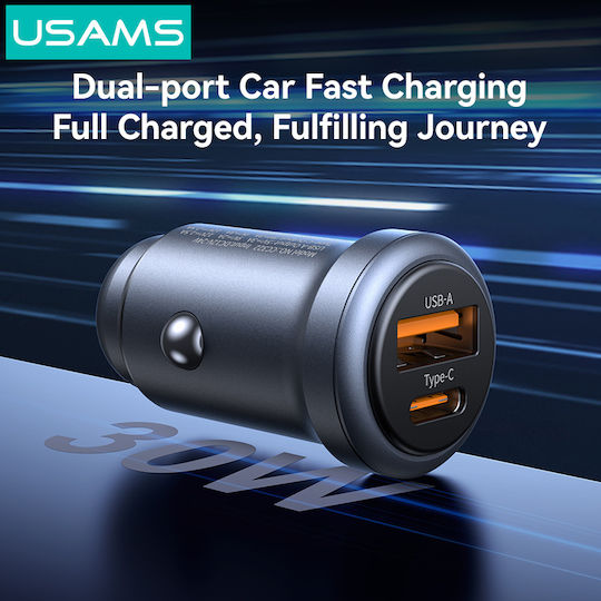 Usams Auto-Ladegerät 30W Schnellladung mit Anschlüssen: 1xUSB 1xType-C