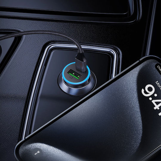 Acefast Auto-Ladegerät 65W Schnellladung mit Anschlüssen: 1xUSB 1xType-C mit Kabel Typ-C,TC-TC Gray Farbe