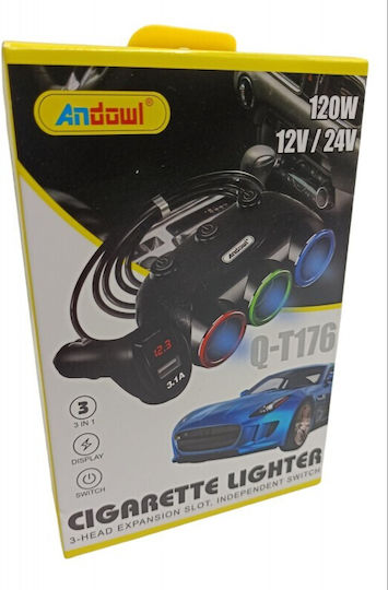 Andowl Qt176 Car Charger 120W with 3 Lighter Ports