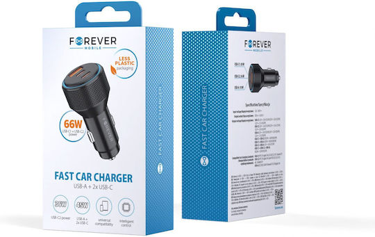 Forever Încărcător Auto 66W Încărcare Rapidă cu Porturi: 1xUSB 2xType-C Negru Culoare