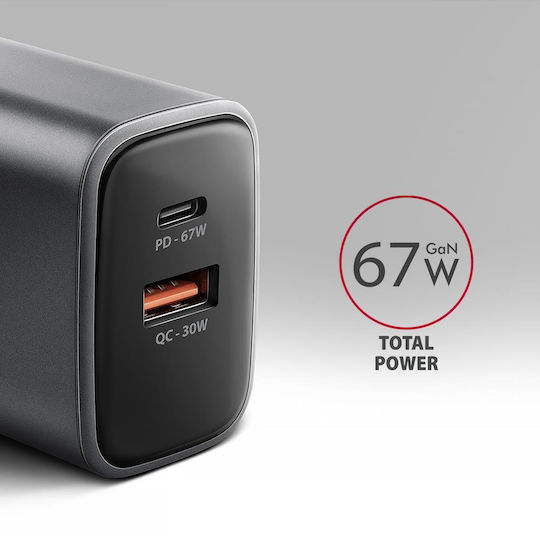 Axagon Wireless Charger GaN With USB-A Output Port And USB-C Output Port 67W Power Delivery Quick Charge 3.0 Quick Charge 4+ Quick Charge 2.0 SuperCharge Gray ACU-PQ67