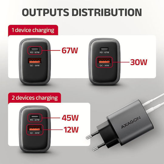 Axagon Wireless Charger GaN With USB-A Output Port And USB-C Output Port 67W Power Delivery Quick Charge 3.0 Quick Charge 4+ Quick Charge 2.0 SuperCharge Gray ACU-PQ67